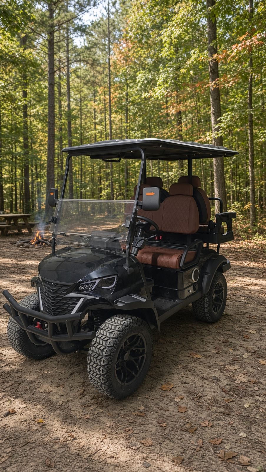 Black Future 4-seater golf cart with brown diamond-stitch seats